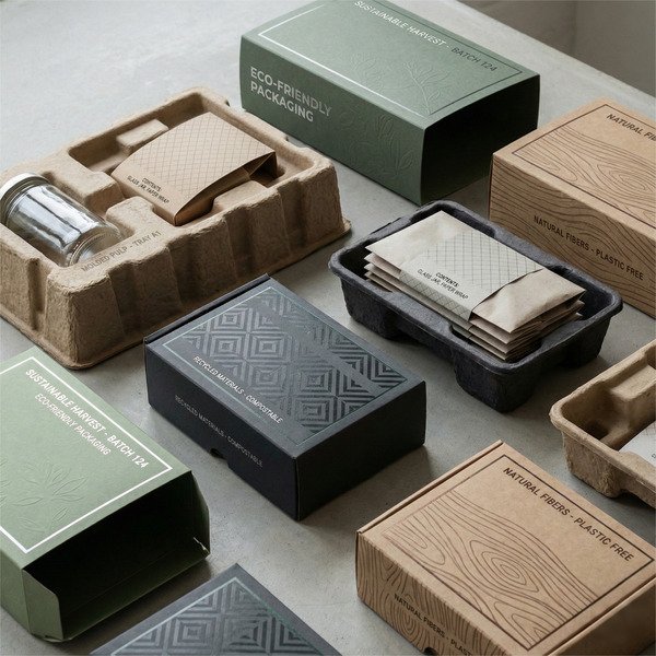 Plastic-free packaging using molded pulp trays and paper inserts with embossed paper box designs.