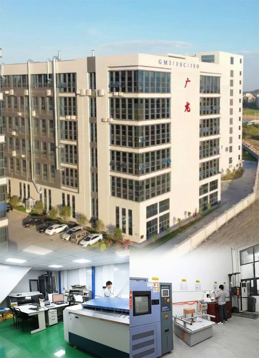 Klong Packaging factory exterior with authentic 广龙 signage, engineering sampling room, and quality-testing laboratory showcasing real production capabilities.