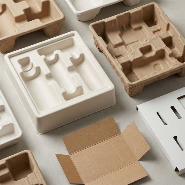 Custom molded pulp trays in wet-press and dry-press quality with diverse cavity structures, shown alongside paperboard dividers for eco-friendly packaging inserts.